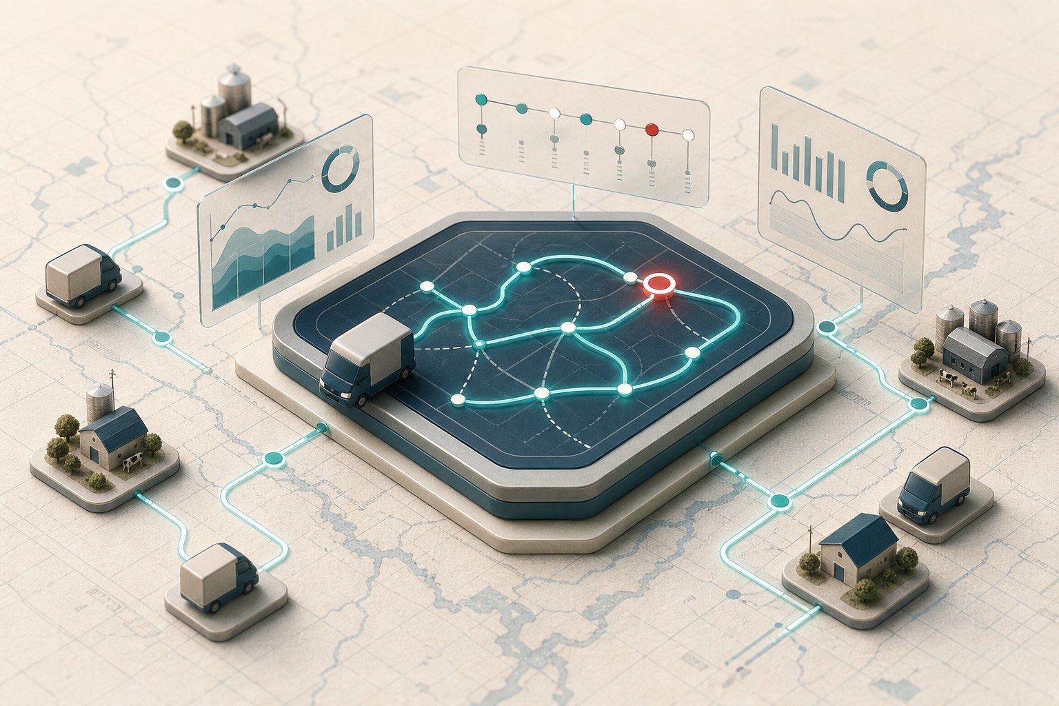 Daily supply route planning with map paths, a delivery vehicle, customer stops and one crimson priority stop